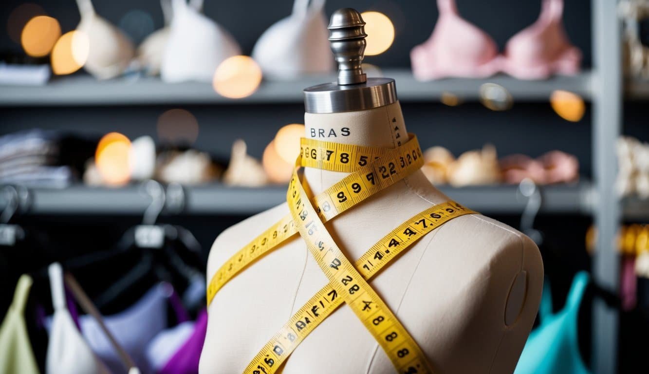 Una cinta métrica envolviendo el pecho de un maniquí, con varios sujetadores de fondo.