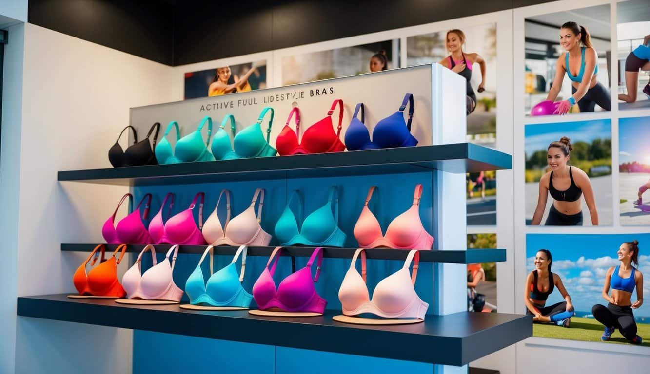 Una colorida variedad de sujetadores de cobertura total exhibidos en una estantería elegante y moderna, rodeados de imágenes de mujeres activas participando en diversas actividades de estilo de vida.