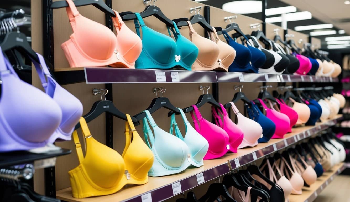 Una variedad de sujetadores de cobertura completa en diferentes colores y estilos exhibidos en estantes de una tienda de lencería