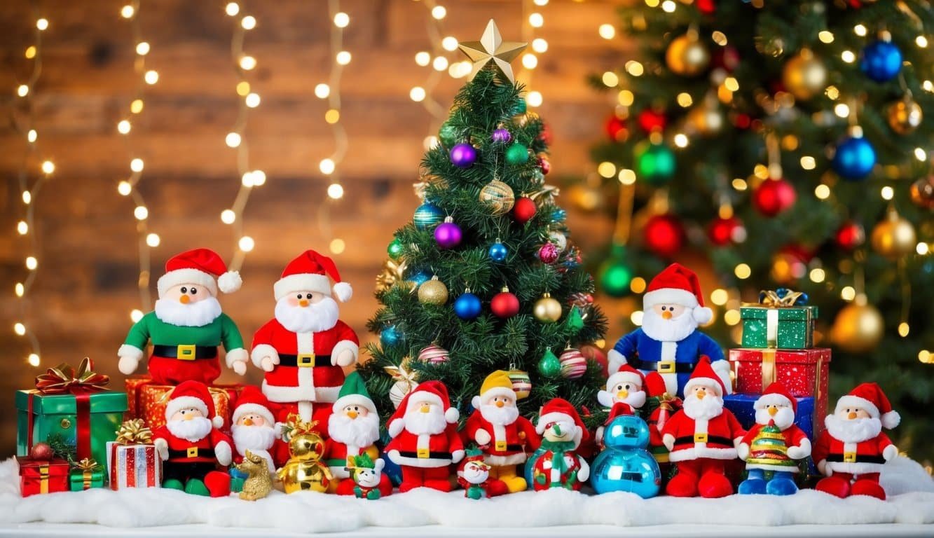 Una colorida exhibición de juguetes navideños dispuestos sobre un fondo festivo, con luces centelleantes y una sensación de emoción en el aire