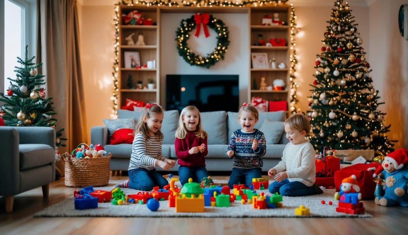 Una sala de estar acogedora adornada con luces navideñas parpadeantes, llena de niños alegres jugando con una colorida variedad de juguetes.
