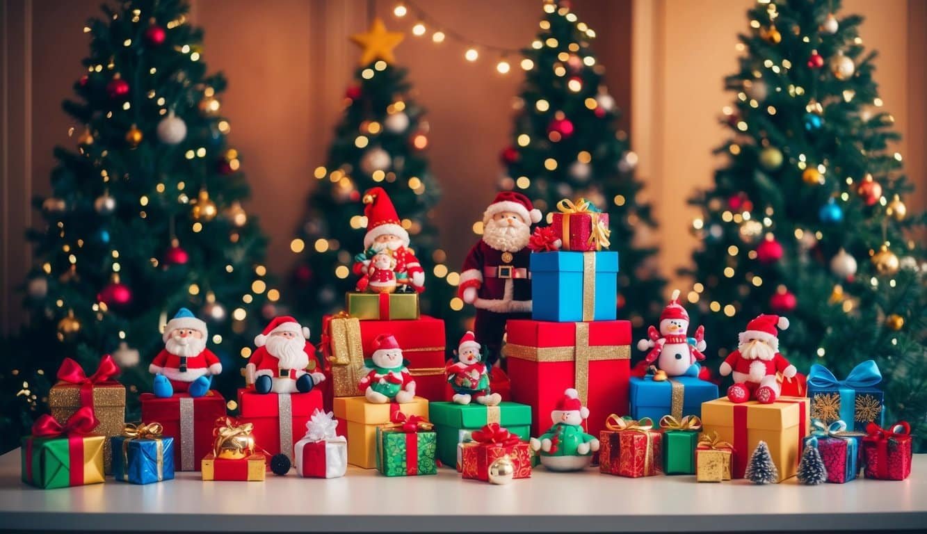 Una colorida exhibición de juguetes navideños dispuestos en un ambiente festivo, con luces parpadeantes y una atmósfera alegre.