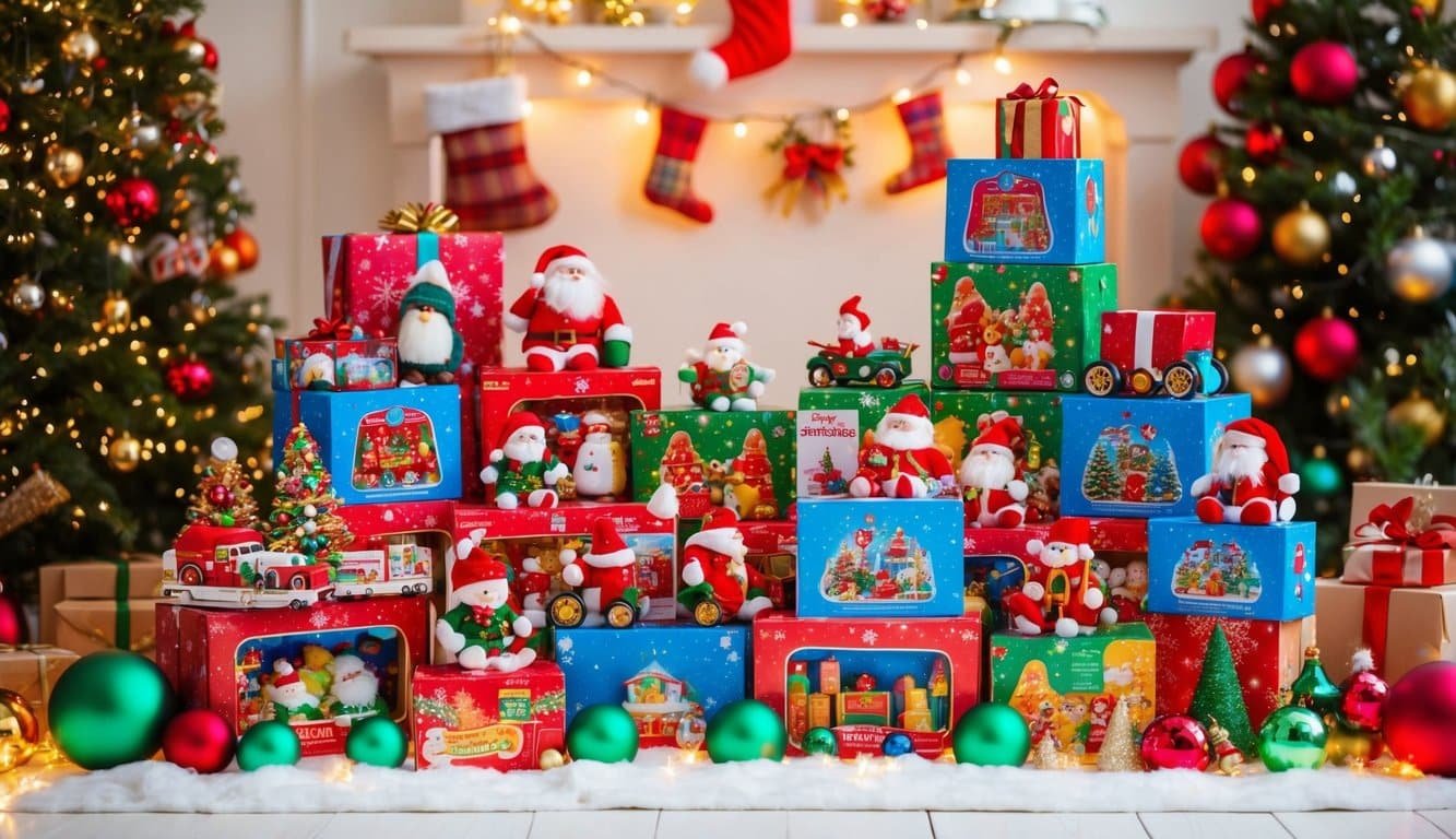 Una exhibición festiva de juguetes navideños dispuestos de manera atractiva con envoltorios coloridos y luces parpadeantes, rodeados de decoraciones alegres de vacaciones.