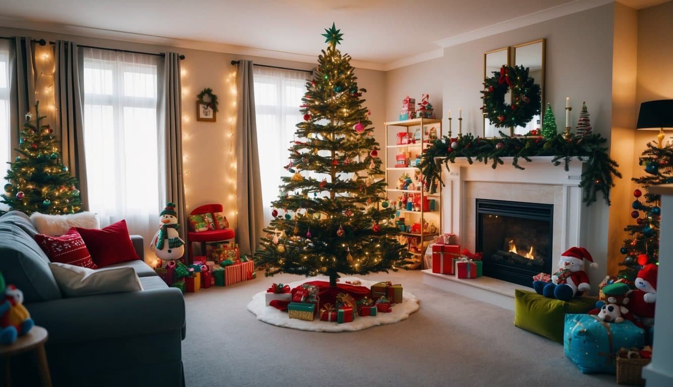Una sala de estar acogedora adornada con luces centelleantes y un árbol de Navidad decorado, rodeada de una variedad de juguetes coloridos y festivos.
